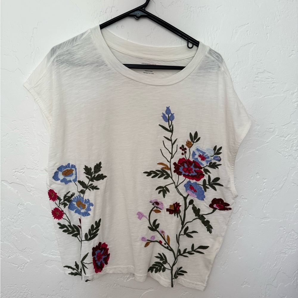 Anthropologie Cream Embroidered Floral Short Sleeve Tee